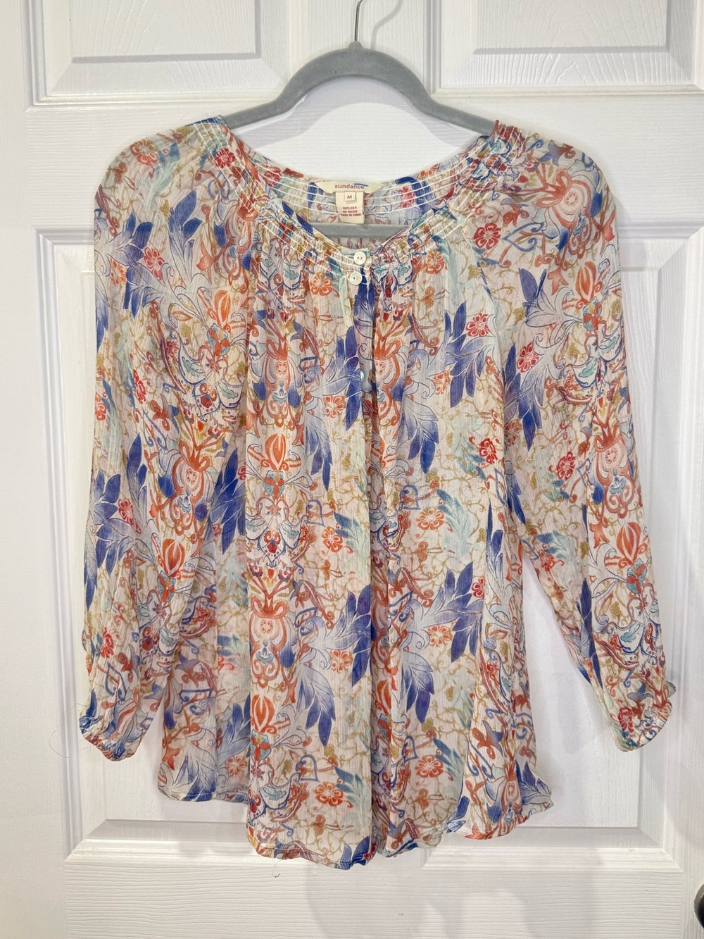 Sundance sheer floral long-sleeve blouse 100% silk medium